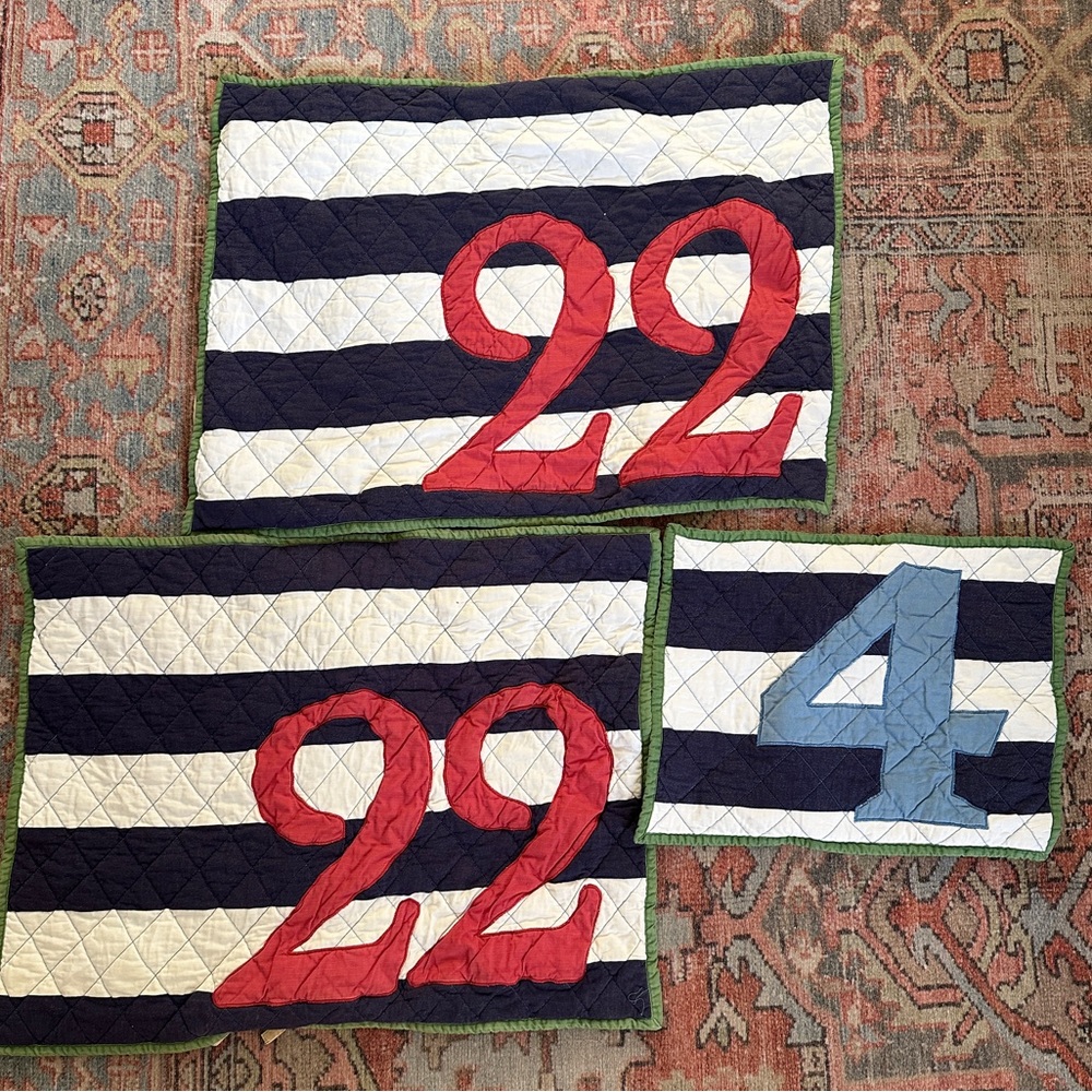 Vintage Pottery Barn Kids Navy & White Striped Quilted pillow shams sport rugby
